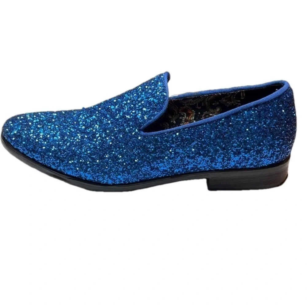 Enzo Romeo Men's Blue Glitter Slip On Tuxedo Dress Loafers Shoes